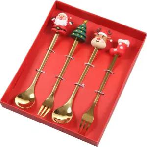 4팩 스테인리스 스틸 크리스마스 커피 스푼 및 디너 포크 세트 - 디저트 과일 스크림 스 티 케이크 파티