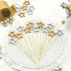 50/100개 별 모양 일회용 대나무 꼬치 금색 뷔페 과일 음식 칵테일 스틱 케이크 DIY 웨딩