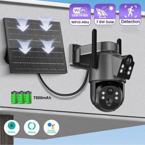 야외 태양광 IP 카메라 WiFi 듀얼 렌즈 PTZ 보안 8MP UHD 무선 내장 배터리 및 PIR 알람 iCsee