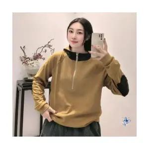 EAMT 여성 스웨이드 맨투맨 겨울 긴팔 반집업 배색 후드 상의 YJ4