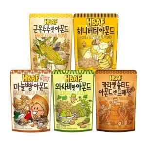 HBAF 바프 아몬드 5종 세트 (허니버터+군옥수수+와사비+카라멜솔티드아몬드프레첼+마늘빵) 40g