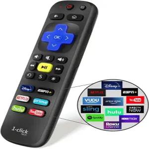 Roku TV 및 플레이어용 1-Clicktech 리모컨 프리미어 울트라 [2-in-1 w /TV 파워+볼륨 제공] [Roku Stick