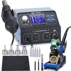 WEP 992D+ 2-in-1 납땜 아이언 키트 및 3개의 프리셋 채널, LCD 디스플레이, 교체 가능한 손잡이, 슬립 모드, X-2 홀더, 5개의 팁, 펌프 핀셋이 있는 열풍 재작업 스테이션