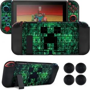 스위치 신모델용 DLseego My World MC 보호 케이스 4PCS 엄지 그립 캡이 있는 조이콘 컨트롤러용 도킹