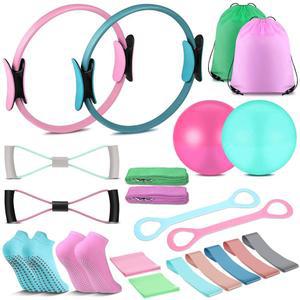 21개 필라테스 링 서클 세트 여성용 홈 장비 키트 운동 세트에는 9.8인치 볼 요가 스트레칭 스트랩 8개 저항 밴드 미끄럼 방지 양말, 핑크색이 포함되어 있습니다