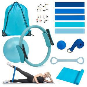 해시머스트 필라테스 링 키트 12개 여성용, 매직 서클이 있는 가정용 운동 기구, 미니 볼, 저항 밴드, 마사지 라크로스, 요가 스트랩, 토닝 및 선물용 전신 피트니스 세트