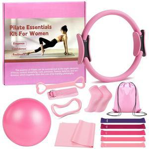 필라테스 링 13피스 세트, 여성용 키트 운동 기구 액세서리 변형 매직 서클, 패딩 핸들, 볼, 가이드 & 백, 다리 팔과 허벅지용 저항 밴드