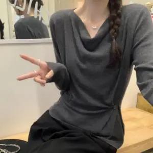 여성 겨울 이너 페미닌 드레이프 셔링 랩 긴팔 니트