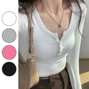 여성 골지 라운드넥 긴팔 티셔츠 슬림핏 기본티