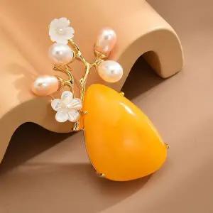 [하프클럽/]악세사리 호박 꽃 브로치 담수진주 자개 자연주의