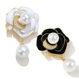 [하프클럽/]블랙앤화이트 엘레강스 무드 로즈 장미 진주 옷핀 브로치