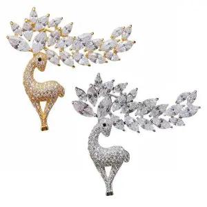 [하프클럽/]크리스탈 미라주 하모니 리프 나뭇잎 사슴 브로치