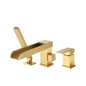 와우크 폭포 로마 욕조 수도꼭지 데크 마운트 브러시드 골드 황동 충전기 욕실 수도꼭지, 핸드 샤워 포함