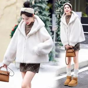 빛채운 여성점퍼 후드 스트링 방풍 보온 뽀글이 퍼 일체형 코트 겨울 루즈핏 숏 OPH4