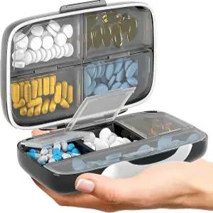 여행용 알약 정리함 - 라벨이 부착된 휴대용 약국 상자용 밀폐 의약품 케이스 비타민 용기 8칸 보충제 약