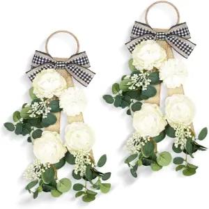 현관문용 유칼립투스 화환 2개 17.7인치 농가 인조 스웨그 결혼식용 모란 스웩과 리본 타이 가짜 달리아 벽