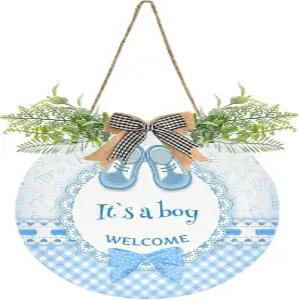 Exnundod 체크무늬 보우가 있는 현관문용 소년 화환문 걸이 웰컴 베이비 샤워 원형 문 표지판 12인치 화환