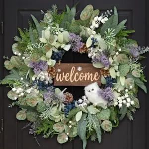 올빼미와 웰컴 사인이 있는 24인치 천연 겨울 화환 현관문용 농가 크리스마스 보라색 유칼립투스와