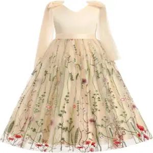 IBTOM Castle 플라워 걸 드레스 새틴 플로럴 자수 툴롱 롱 주니어 신부 들러리 결혼식 생일 공식 볼