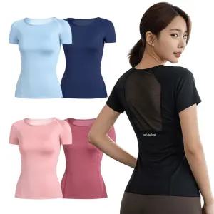 여성용 반팔 필라테스 홈트 요가복 티셔츠 퀵드라이 스포츠 슬림핏 등판 메쉬 운동복 피트니스 상의 헬스복 SK43