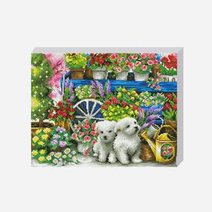 DIY 보석십자수 세트 꽃수레와 강아지 40x50cm 동물 풍경 캔퍼스 액자형 비즈