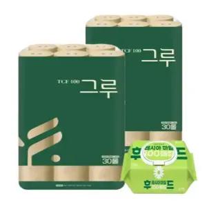 그루 오리지날 무표백 천연펄프화장지 3겹 30m 30롤 2팩+후레쉬물티슈 캡 100매