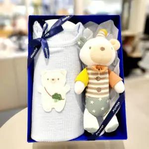 [압소바](광주신세계)(25년 S/S 출산.백일선물) 폼폼 바디슈트(블루)+엘두딸랑이