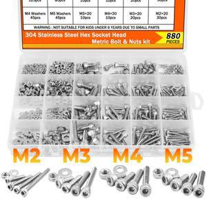 880PCS 304 스테인리스 스틸 나사 너트 볼트 호환 와셔 키트 - M2 M3 M4 M5 육각 소켓 헤드 캡 머신 세트 (