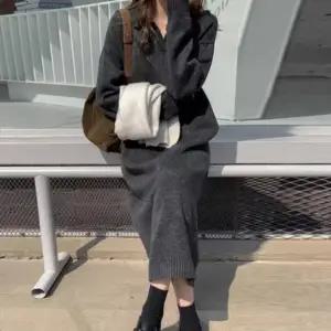 여성 임부복 루즈핏 체형 롱 니트 카라 브이넥 원피스