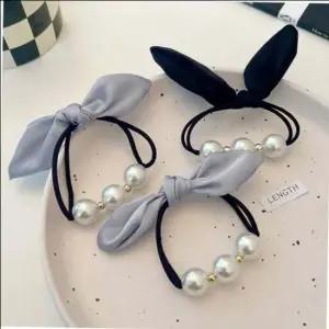 머리끈 래빗리본 디테일 구성 진주 헤어끈 고급 귀여