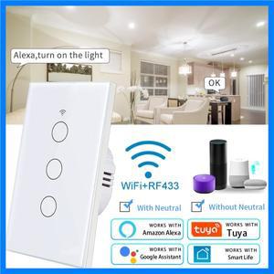 Tuya 스마트 스위치 미국 중성선/중성선 필요 없음 1/2/3/4 갱 조명 WiFi 터치 스위치 Alexa Google Home과