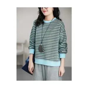 EAMT 여성 겨울 스트라이프 맨투맨 라운드 캐주얼 슬림핏 상의 YJ4