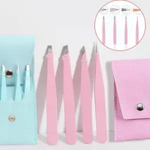 정밀 눈썹 족집게 사선형 쪽집게 4종세트 솜털 핀셋 핑크