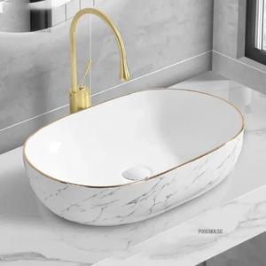 라포식 발코니 골드 엣지 싱크 전구  대리석 패턴 세면대 북유럽 세라믹 욕실 미니멀리스트 상부 설치형