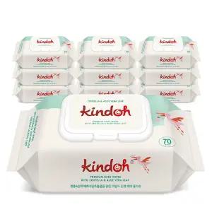 킨도 프리미엄 대용량 휴대용 엠보 아기물티슈 캡형 70평량 그린 70매 10세트