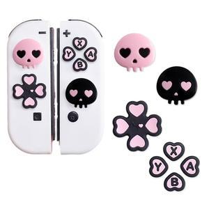 퍼펙트사이트 귀여운 할로윈 D패드 버튼 캡 실리콘 엄지 그립 세트, ABXY 키 스티커 조이스틱 커버 닌텐도 스위치 /OLED(핑크+블랙 하트 해골)와 호환됩니다