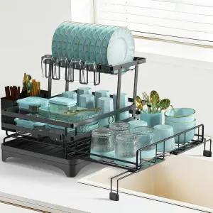 AULEEP 2단 식기 건조대 주방 카운터용 2-in-1 확장형 건조 매트가 있는 싱크대용 방청 대형 배수기 컵