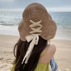 (앙상블) 크로스 레이스 벙거지 밀짚 여성 모자 라탄