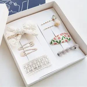 화이트 레이스 리본 유아 헤어집게핀 머리끈 8종세트 유아헤어핀