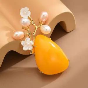 [하프클럽/]악세사리 호박 꽃 브로치 담수진주 자개 자연주의