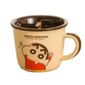 어린이 물컵 캐릭터 짱구 투톤 눈금 세라믹 머그컵 340ml 브라운 휴대용물통 파우치