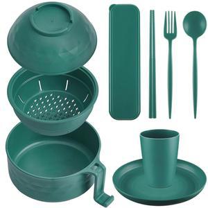 로무아 전자레인지 라면솥 세트 전자레인지용 밀짚 식기 세트 33온스 라면 그릇, 접시, 컵, 식기세척기 안전 캠핑 대학 기숙사(다크 그린, 6개)