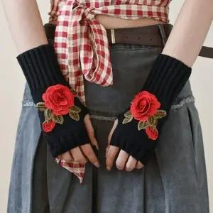 ( )플라워 입체 자수 워머 장갑 레드 반장갑 겨울 보온 핸드 커버