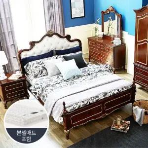 로젠 엔틱 원목 가죽 퀸침대  +매트리스)