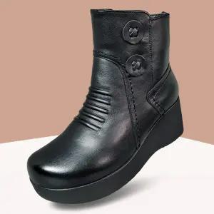 마마슈 베니 여성 겨울 가죽 7cm 통굽 부츠 앵클 방한화 구두 털안감 보온 주름 옆지퍼 논슬립 중년 엄마