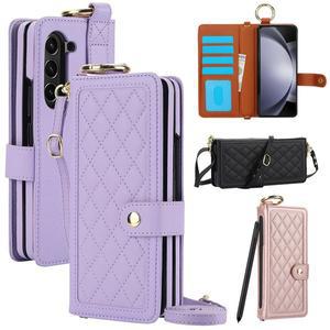 갤럭시 z폴드 6 5 4 3 고급 퀄팅 가죽 카드 지갑 펜 수납 링 스트랩 거치대 지폴드 폴더 케이스