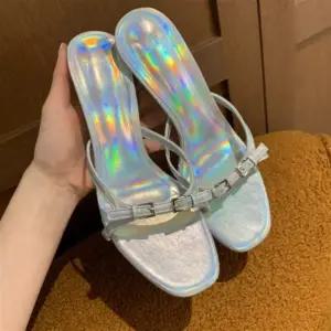 여성 여름 휴가 스트랩 사각코 하이힐 뮬 슬리퍼