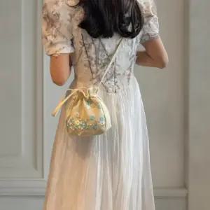 여성 사랑스러운 꽃 자수 패브릭 조리 숄더 버킷백