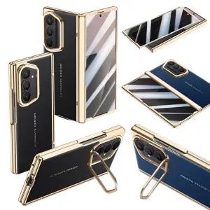 [유니커블]갤럭시 Z폴드7 사생활보호 강화유리 필름 전기도금 카메라 거치대 힌지 풀커버 슬림 가죽 케이스