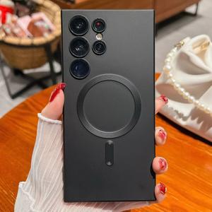 갤럭시 S25 S24 S23 S22 S21 Plus FE Note 10 20 A15 A05S A55 A35 커버 용 Magsafe 소프트 케이스 용 금속 자기